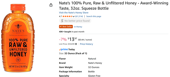 Nate's Raw Honey 32oz $13.97