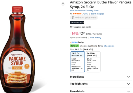 Butter Pancake Syrup 24oz $2.24